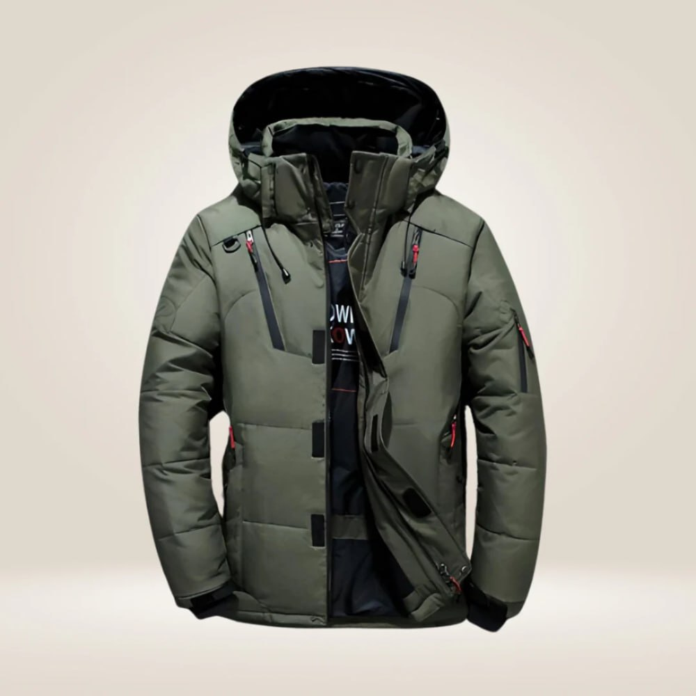 Green hooded multi-pocket puffer jacket