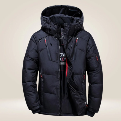 Black hooded multi-pocket puffer jacket