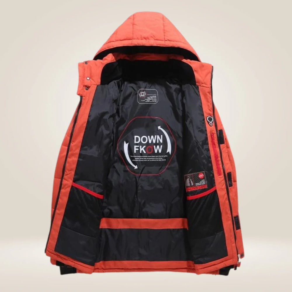 Orange puffer jacket opened to show the lining