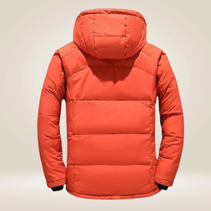 Orange hooded puffer jacket seen from the back