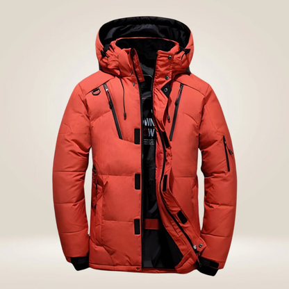 Orange hooded multi-pocket puffer jacket