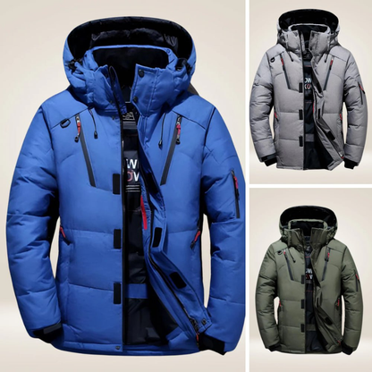 Blue, gray and green hooded puffer jackets