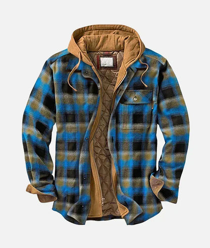 Blue and black quilt-lined hooded plaid shirt jacket