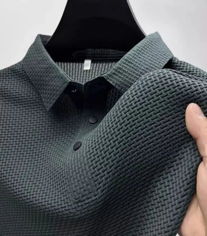Green basketweave knit polo shirt, close-up