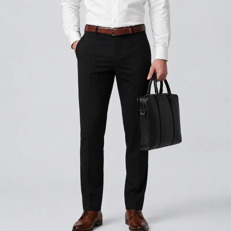 Black slim-fit stretch dress pants worn with a white shirt and a black briefcase
