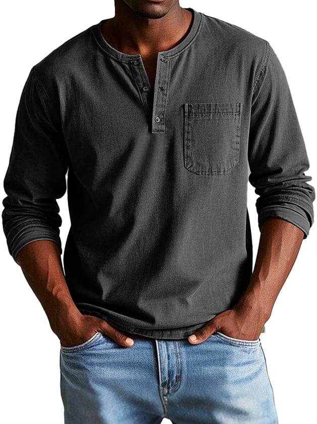 Man wearing a black chest pocket henley shirt
