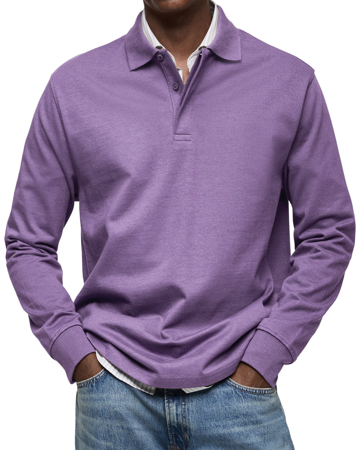 Purple heathered long-sleeve polo shirt worn with jeans
