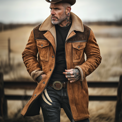 Man wearing a brown sherpa-collar suede-finish coat outdoors