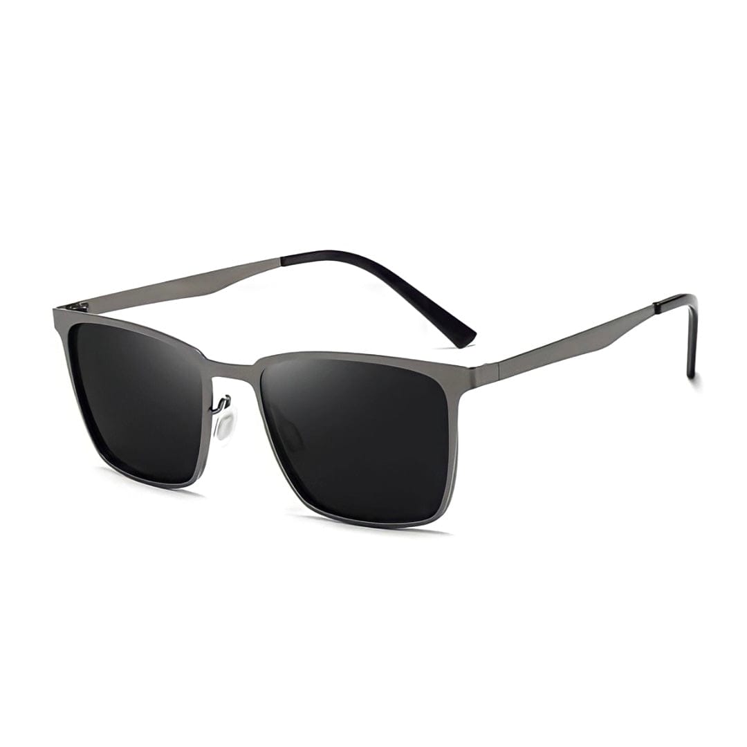 Gray square metal frame sunglasses, three-quarter view