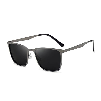 Gray square metal frame sunglasses, three-quarter view
