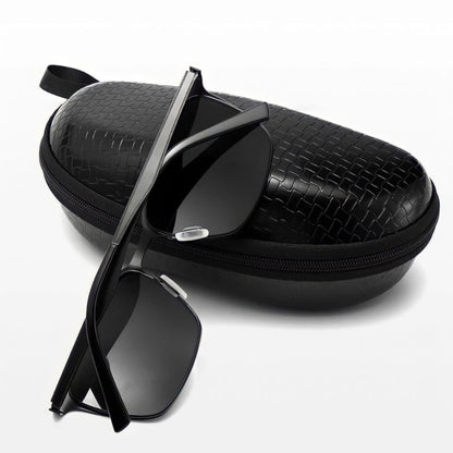 Square metal frame sunglasses folded on a zip case