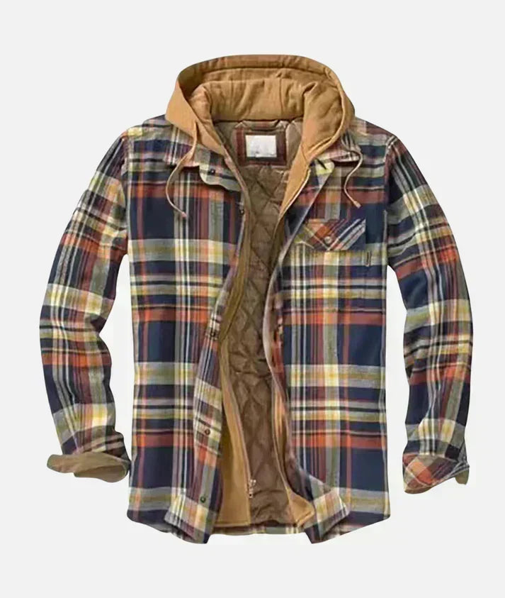 Navy and orange quilt-lined hooded plaid shirt jacket
