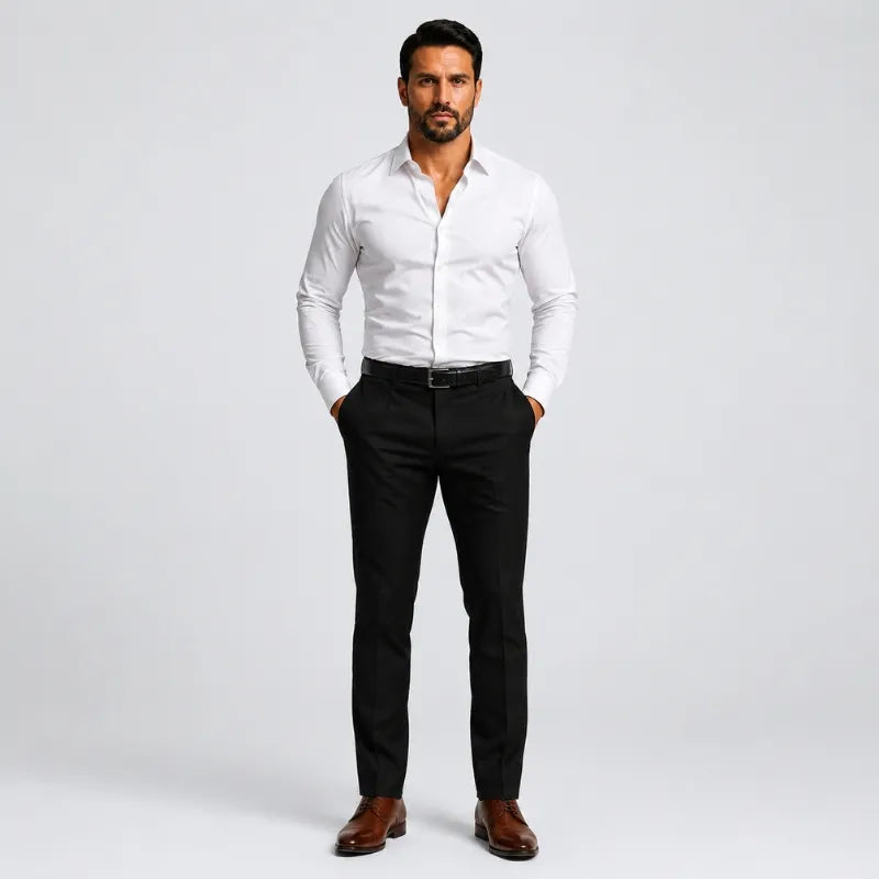 Man wearing black slim-fit stretch dress pants and a white shirt, full-length front view
