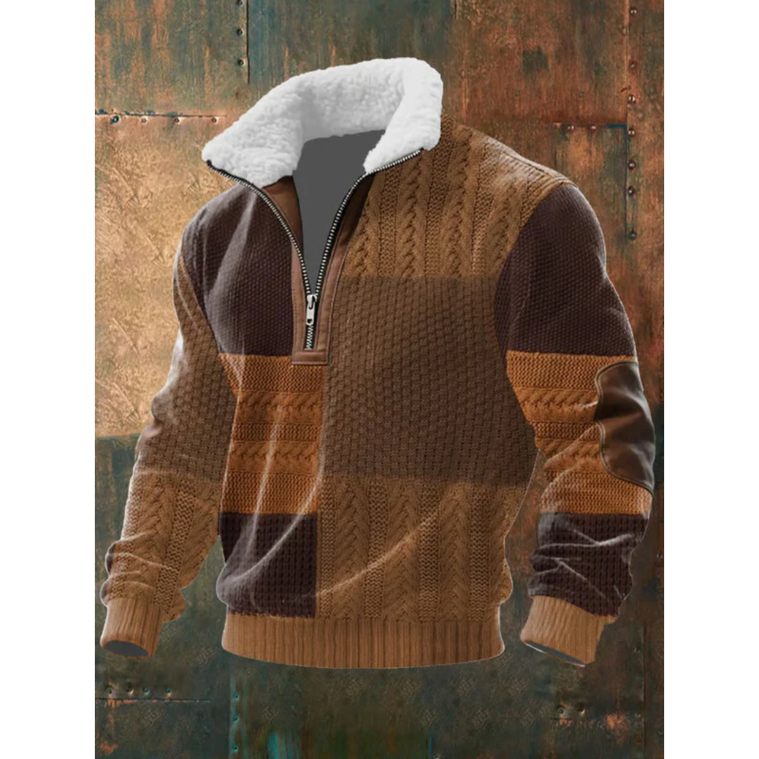 Dark brown patchwork sherpa-collar half-zip sweater