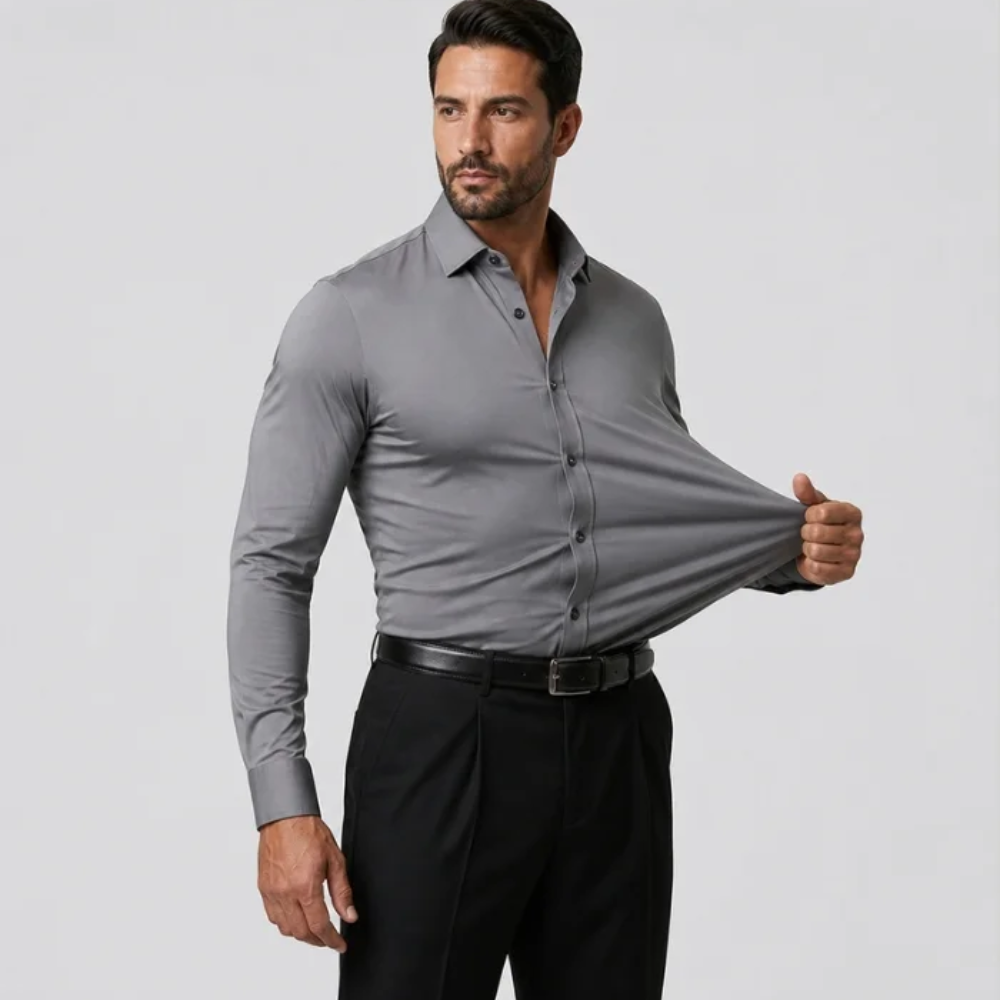 Gray slim-fit stretch dress shirt being stretched at the front