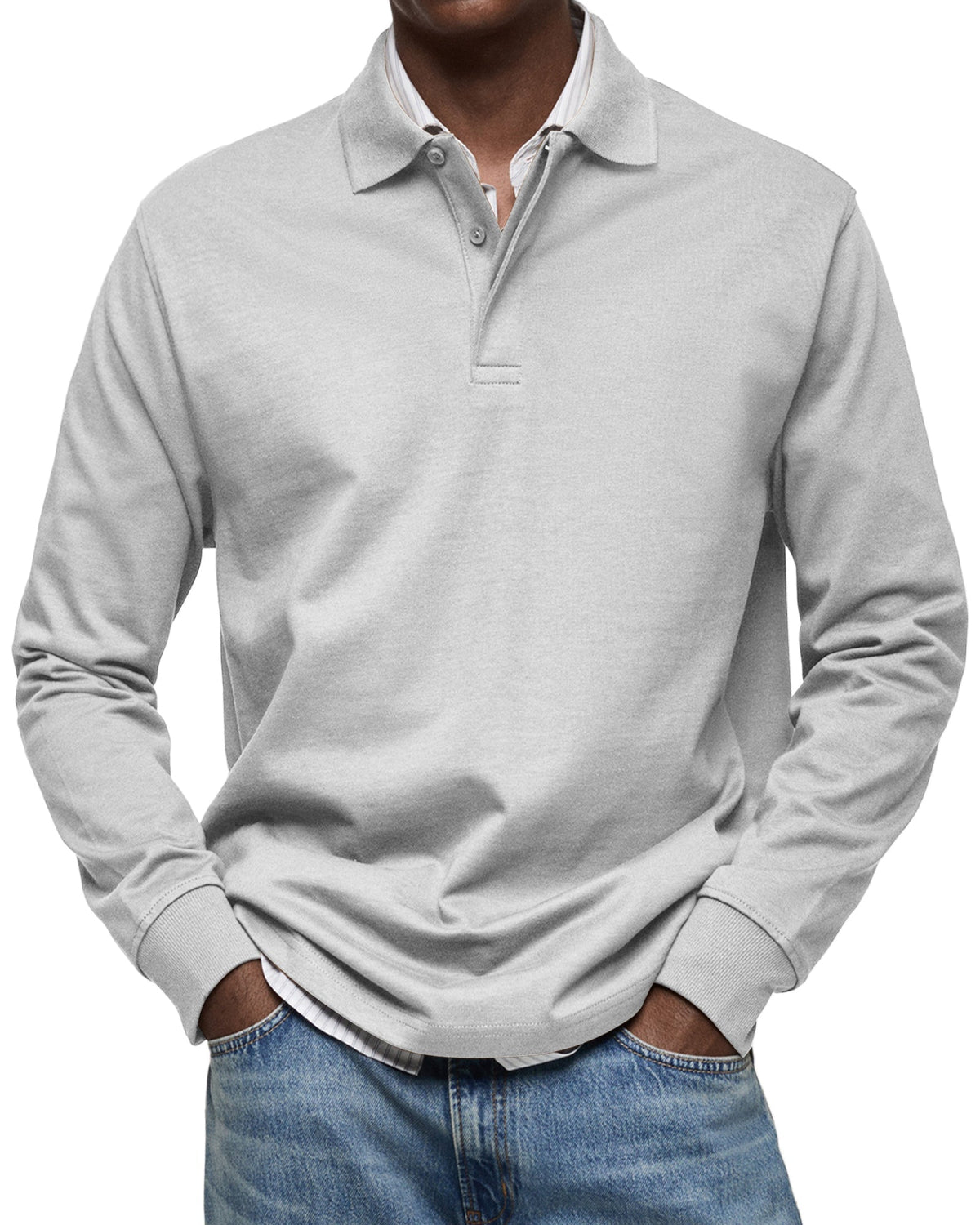 Light gray heathered long-sleeve polo shirt worn with jeans