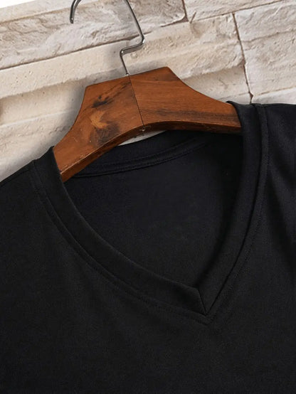 Close-up of the V-neck on a black T-shirt