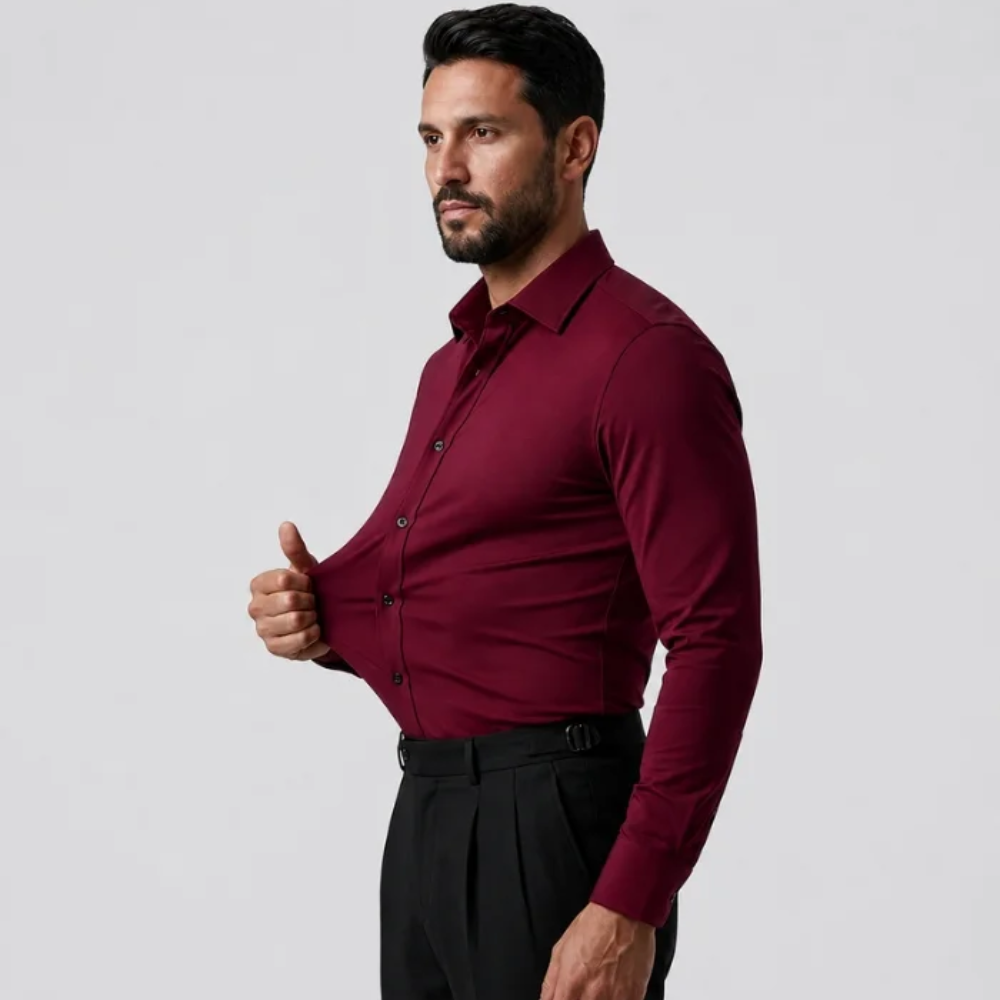 Red slim-fit stretch dress shirt being stretched at the front