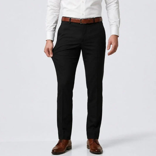 Black slim-fit stretch dress pants with a white shirt and brown belt, front view