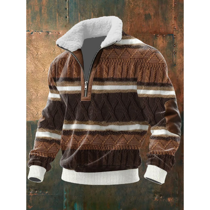 Brown and white striped sherpa-collar half-zip sweater
