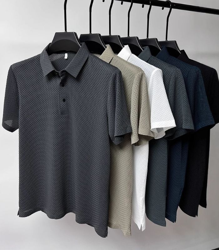 Basketweave knit polo shirts hanging on a rail