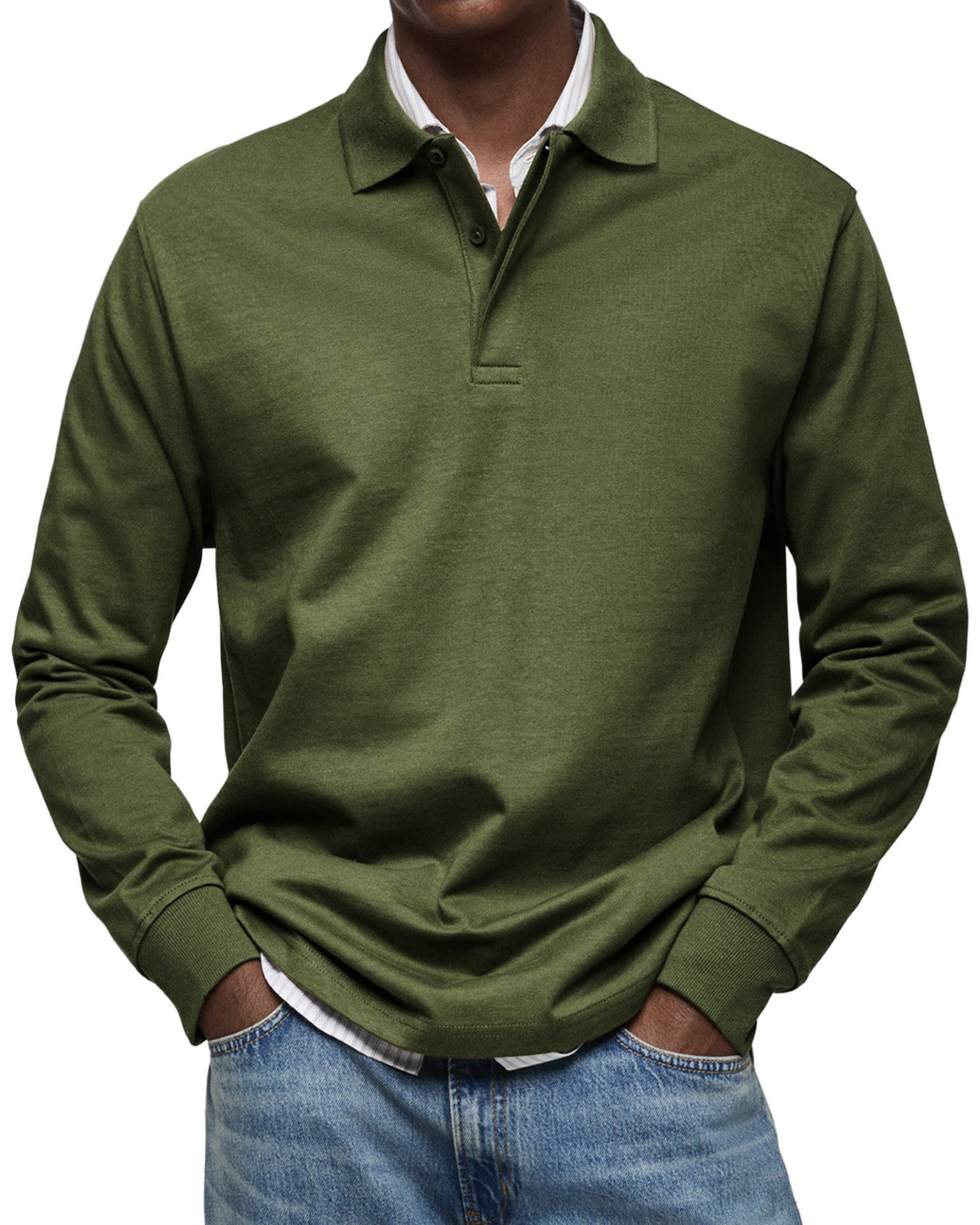 Military green heathered long-sleeve polo shirt worn with jeans