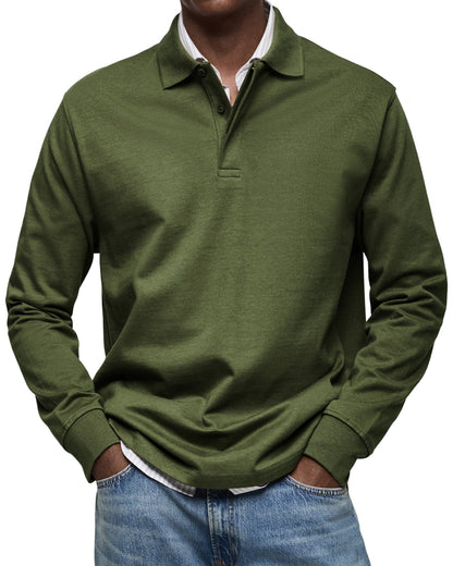 Military green heathered long-sleeve polo shirt worn with jeans