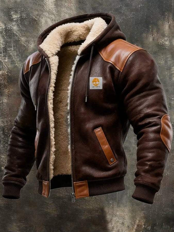 Brown shoulder-patch sherpa hooded jacket