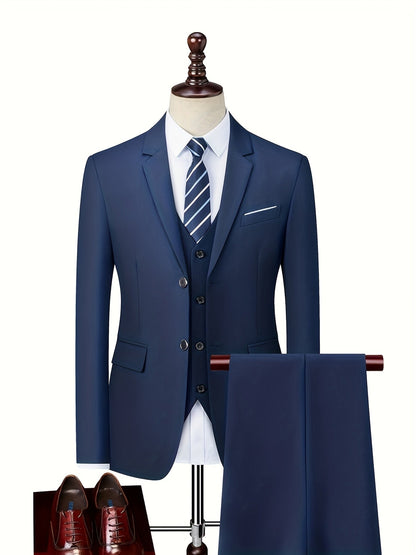 Navy blue suit shown on a mannequin with a vest, white shirt and striped tie