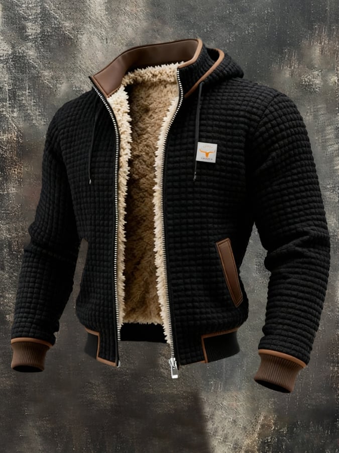 Black sherpa-lined waffle knit hooded jacket