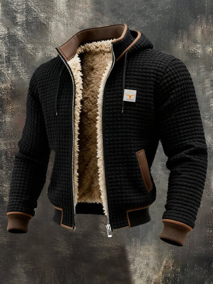 Black sherpa-lined waffle knit hooded jacket