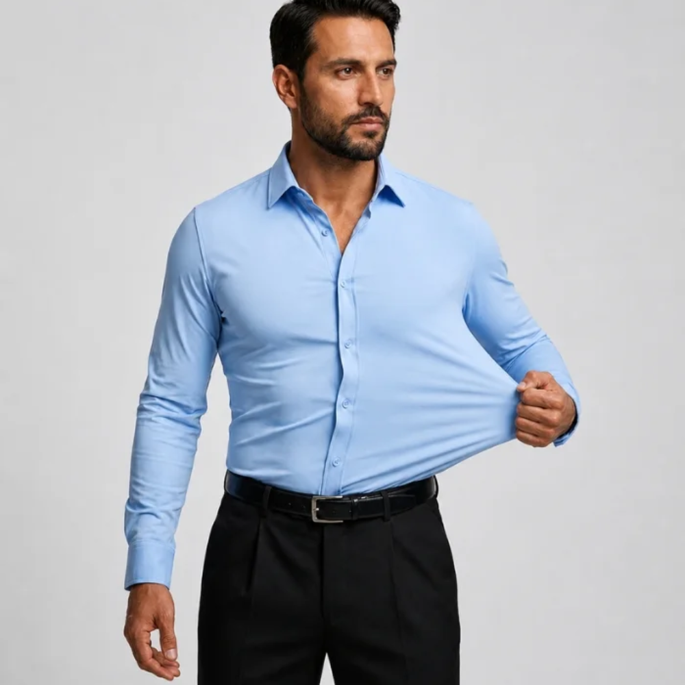 Ice blue slim-fit stretch dress shirt being stretched at the front