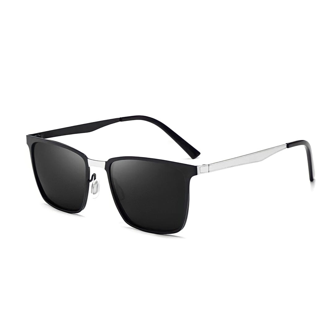 Silver square metal frame sunglasses, three-quarter view