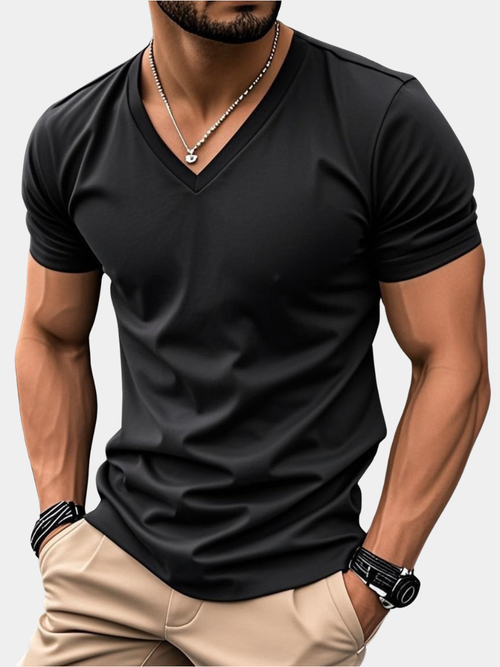 Black slim V-neck T-shirt worn