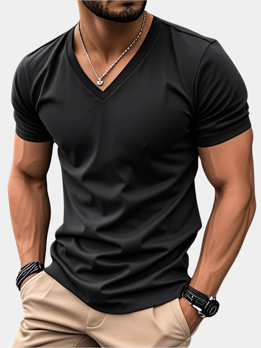 Black slim V-neck T-shirt worn