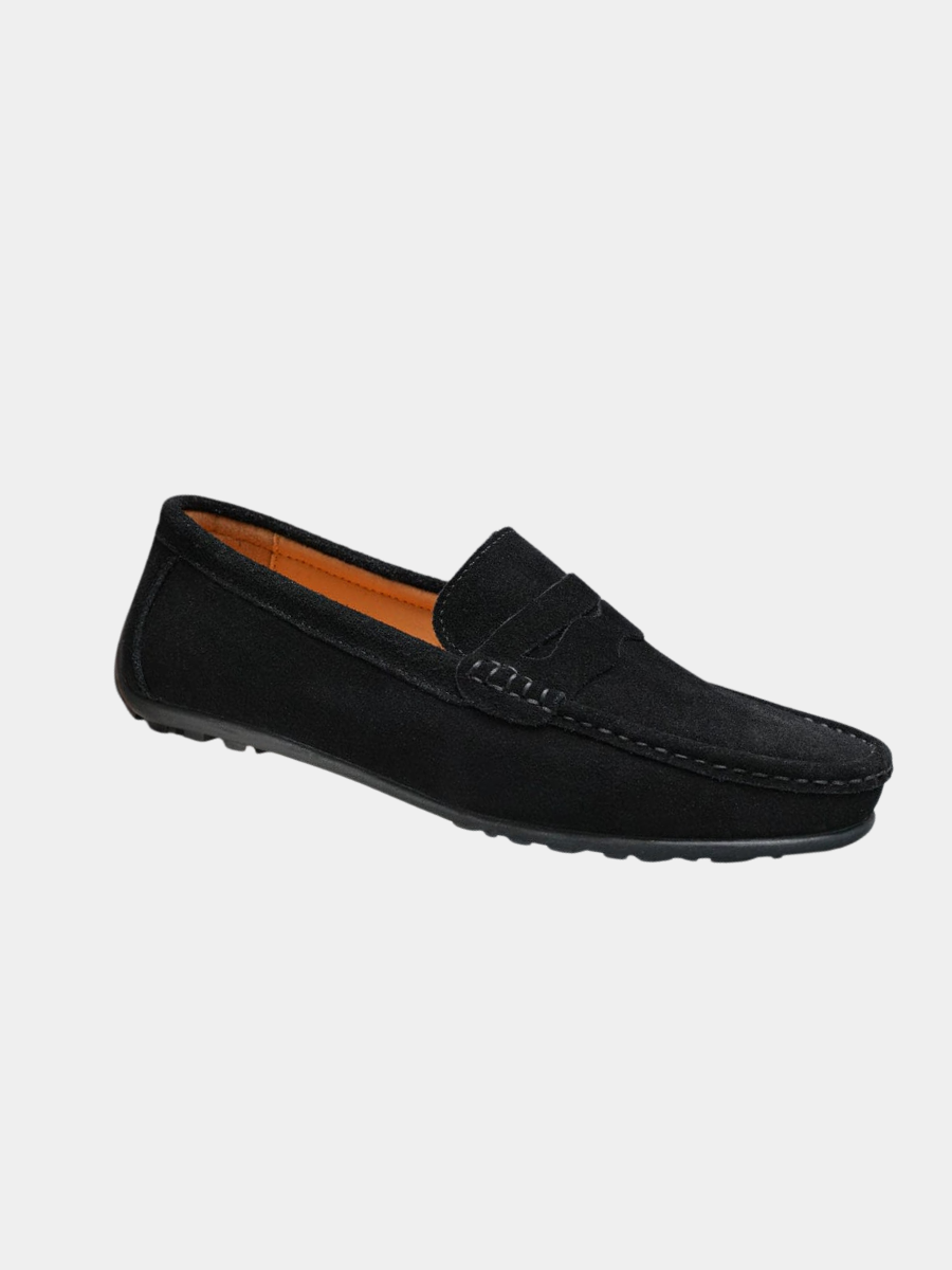Men's black suede penny loafer with rubber driving sole, side view