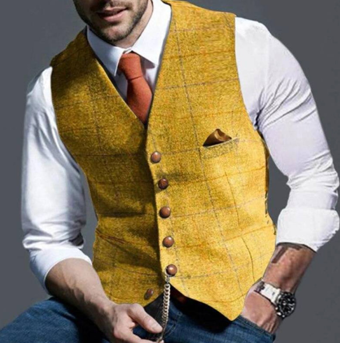 Yellow notch-lapel plaid vest worn over a white shirt and tie
