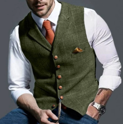 Olive Green notch-lapel plaid vest worn over a white shirt and tie