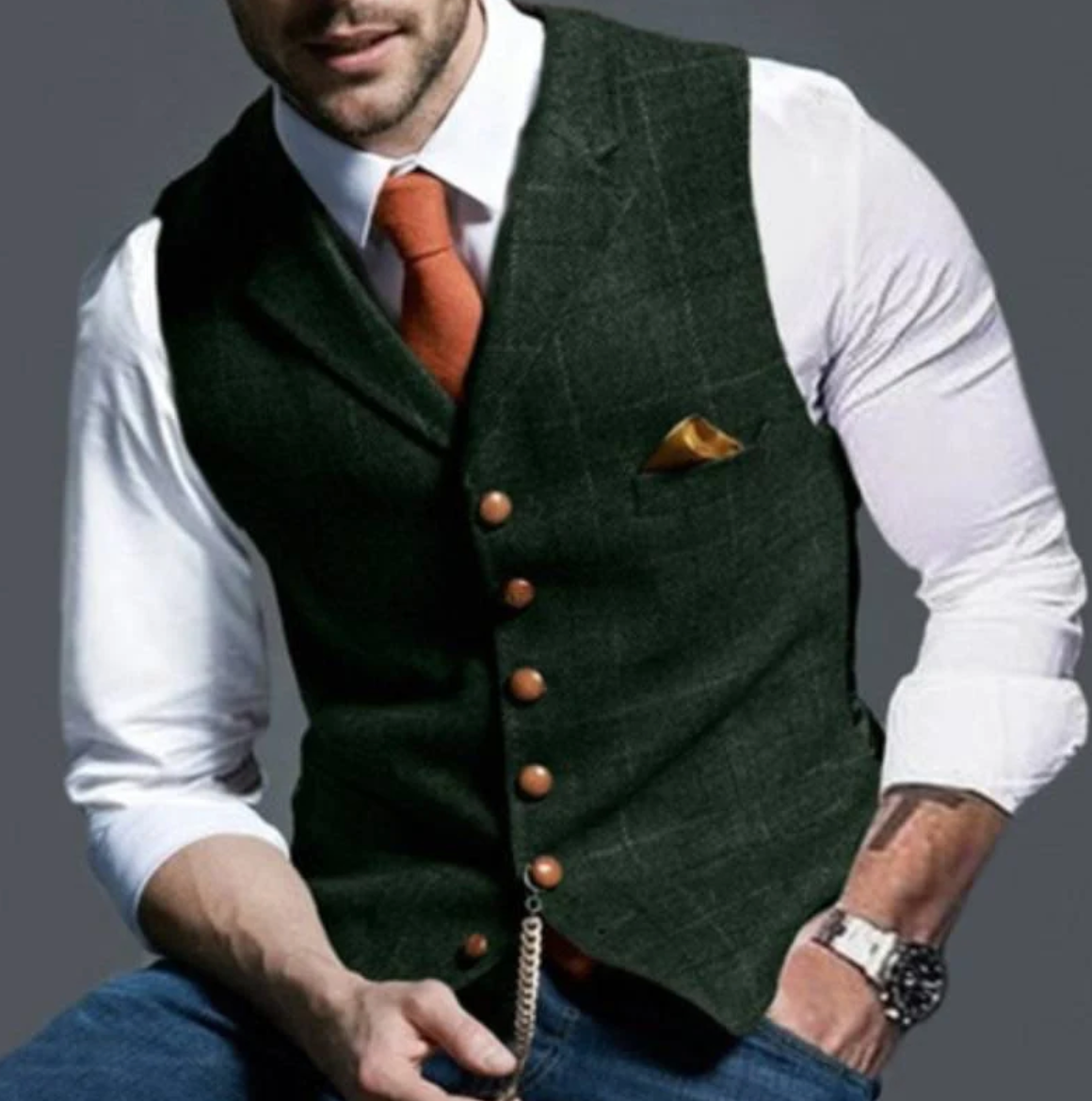 Dark Green notch-lapel plaid vest worn over a white shirt and tie