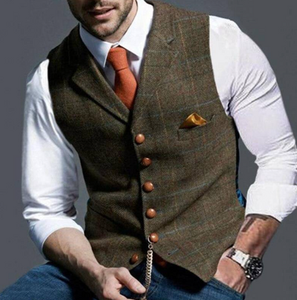 Brown notch-lapel plaid vest worn over a white shirt and tie