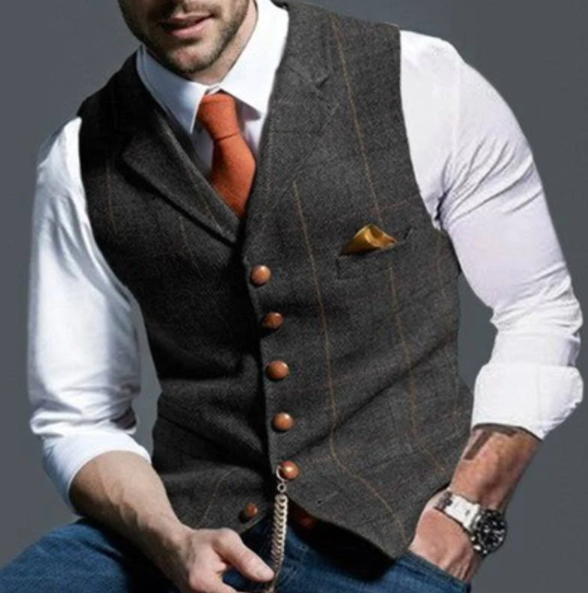 Dark Gray notch-lapel plaid vest worn over a white shirt and tie