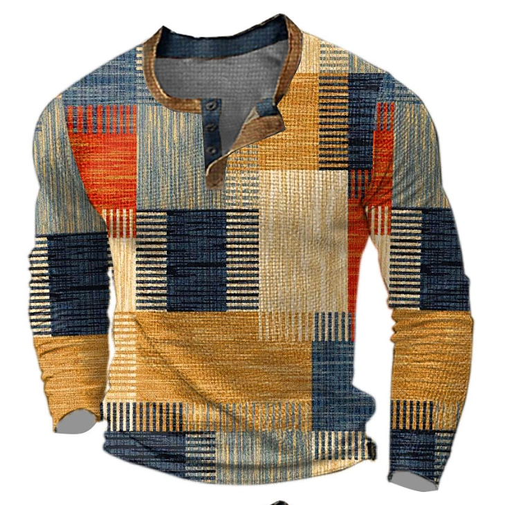 Orange patchwork print henley shirt