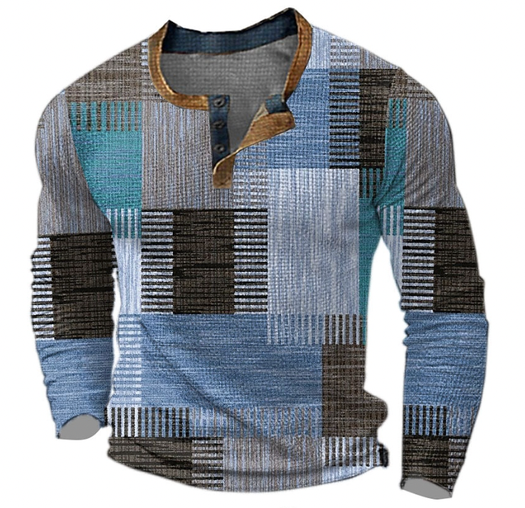 Blue patchwork print henley shirt