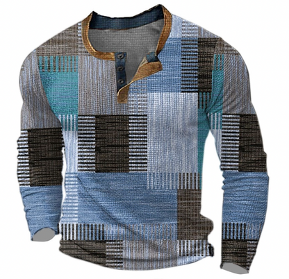 Blue patchwork print henley shirt