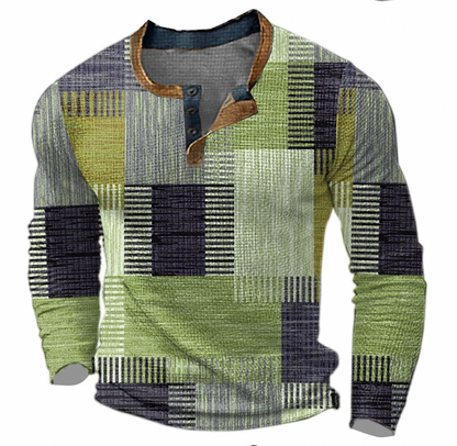 Green patchwork print henley shirt