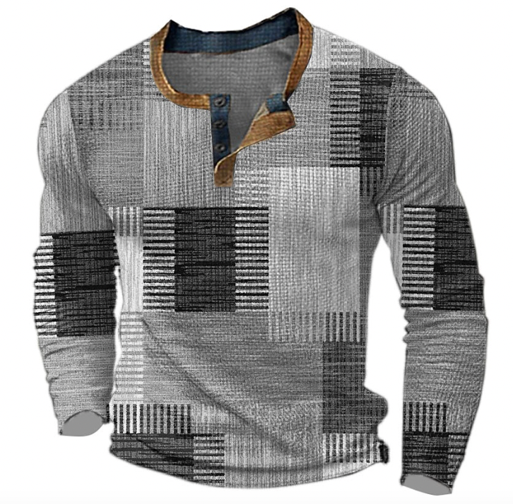 Gray patchwork print henley shirt