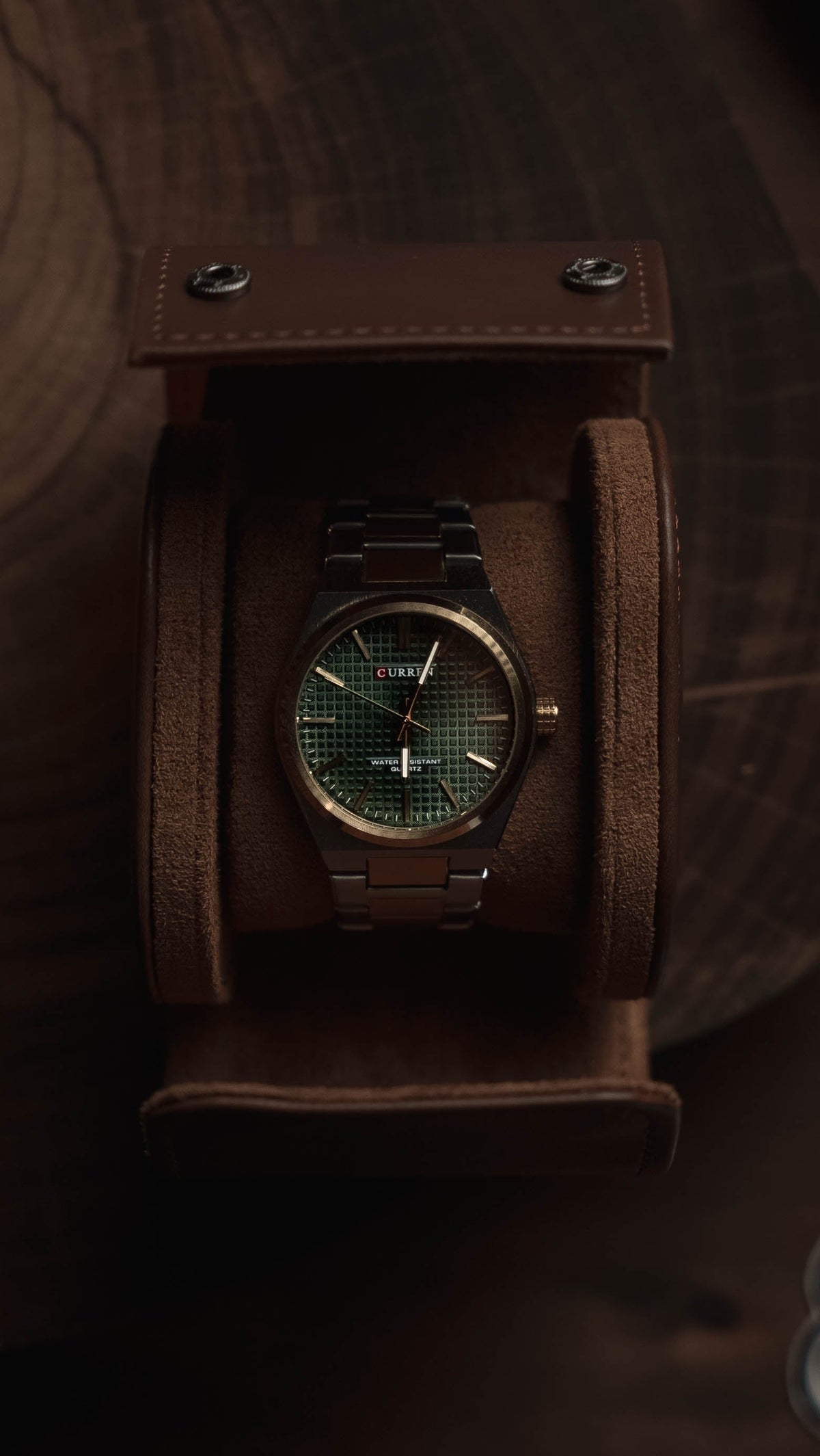 Textured dial bracelet watch in a wooden box