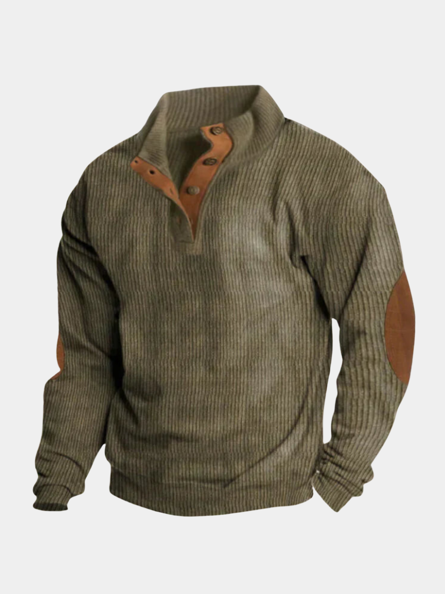 Olive ribbed button-neck pullover front