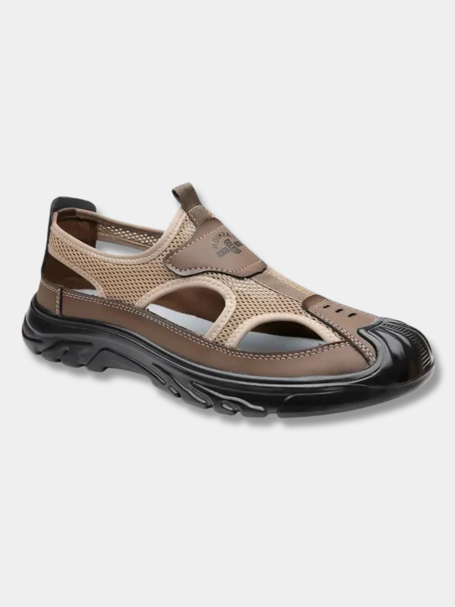 Brown closed-toe mesh hiking sandal