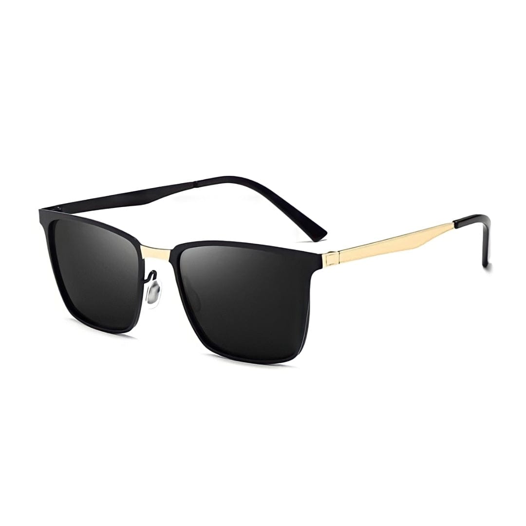 Gold square metal frame sunglasses, three-quarter view